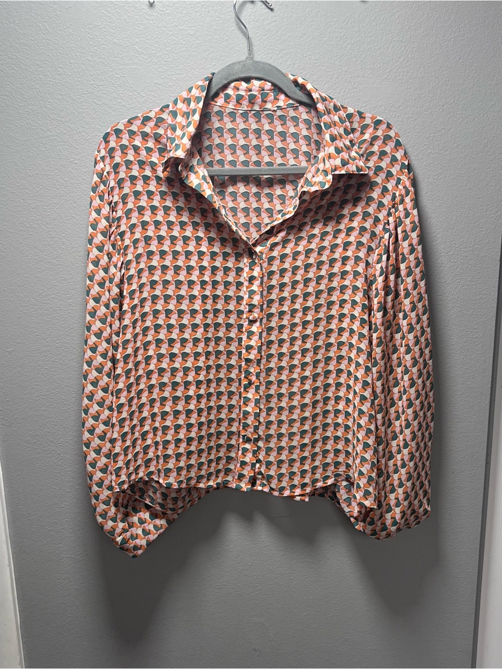 Women’s Geometric Print Button-Up Blouse - Orange & Green & Pink Size L